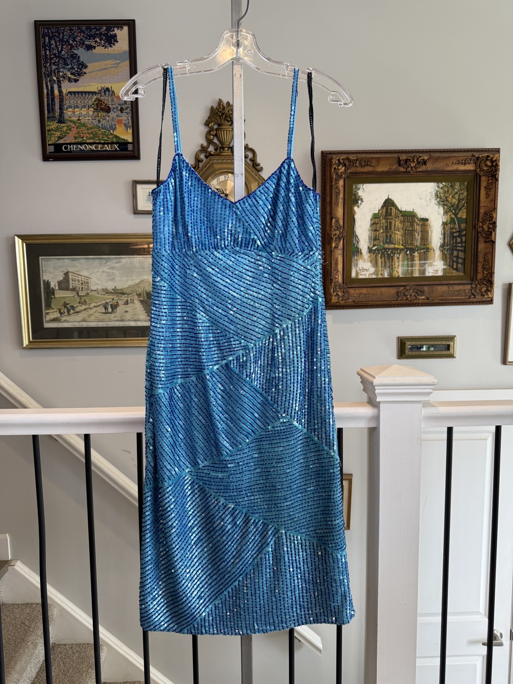 Karen Millen Beaded Sequin Midi Dress Teal Blue Spaghetti Strap Cocktail UK 10